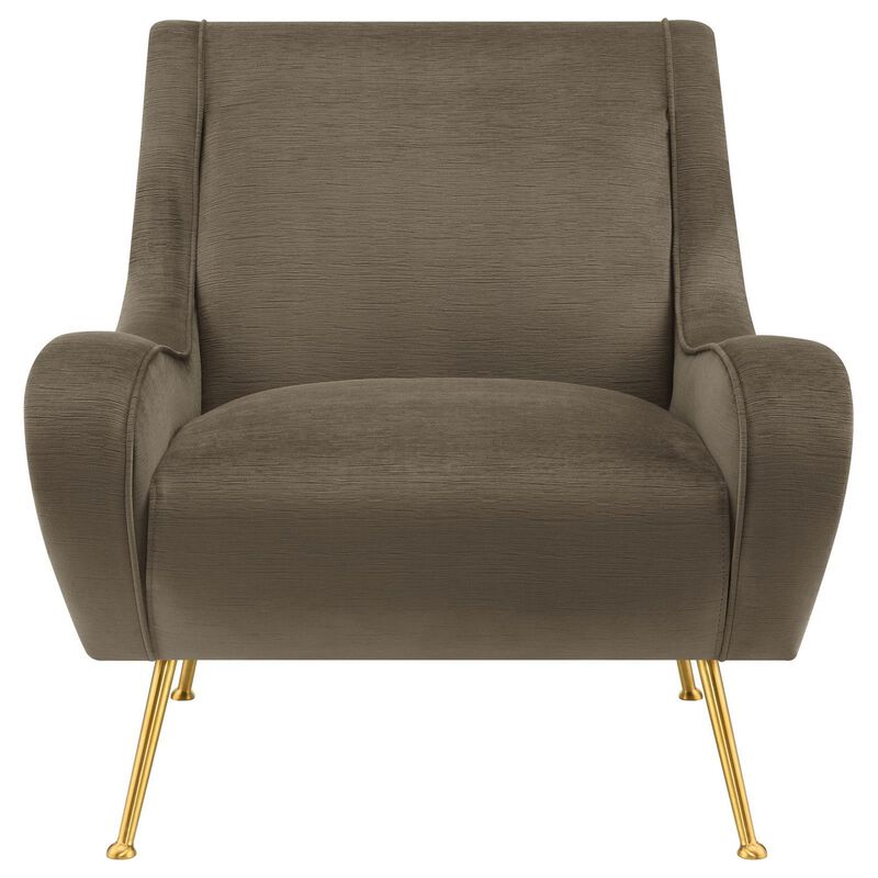 Rik 31 Inch Accent Armchair, Metal Legs, Velvet, Truffle Brown and Gold