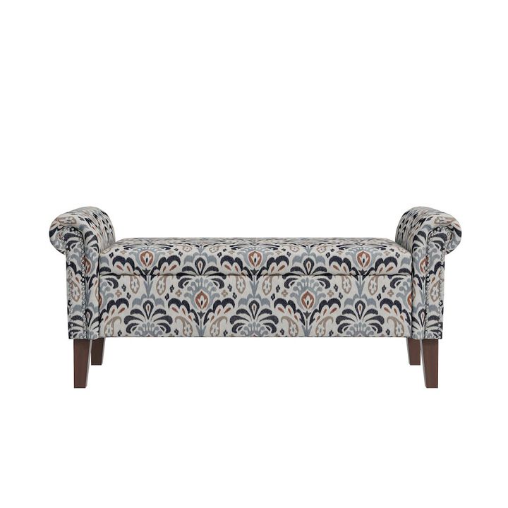 HL Home Furnishings Rolled Arm Storage Ottoman in Gray and Black Damask