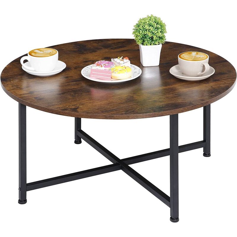 QuikFurn Modern Round Industrial Coffee Table with Rustic Brown Wood Top image number 1