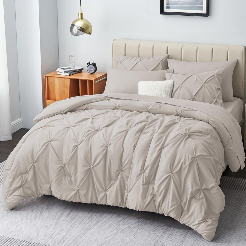 CozyLux King Size Comforter Set - 7 Pieces Comforters King Size Beige, Pintuck Bed in A Bag Pinch Pleat Bedding Sets with All Se