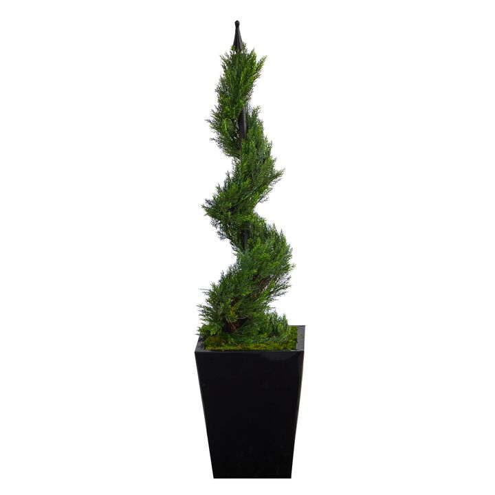 HomPlanti 44 Inches Cypress Spiral Topiary Artificial Tree in Black Metal Planter