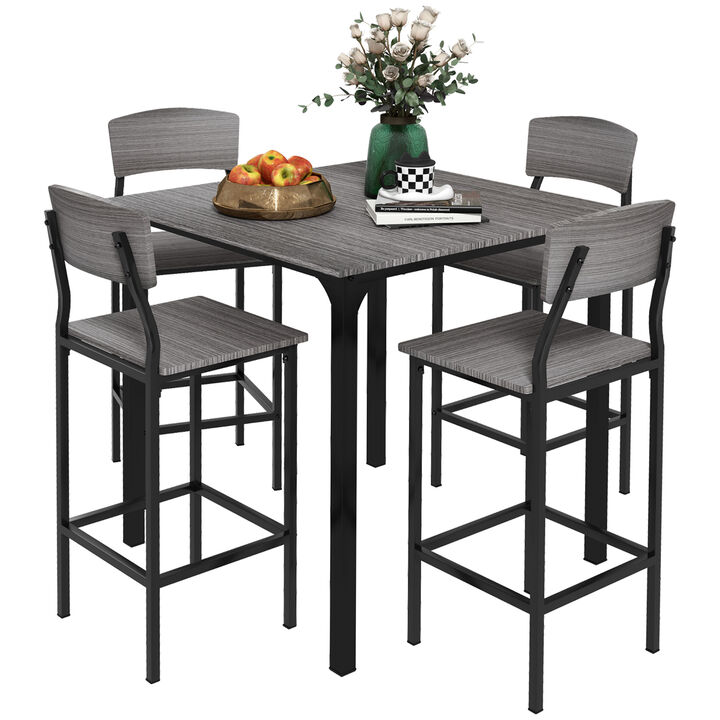 HOMCOM Counter Height Bar Table Set for 4, Square Kitchen Table and Chairs Set with Footrest, Metal Legs, Industrial Dinner Table Set for 4, Gray