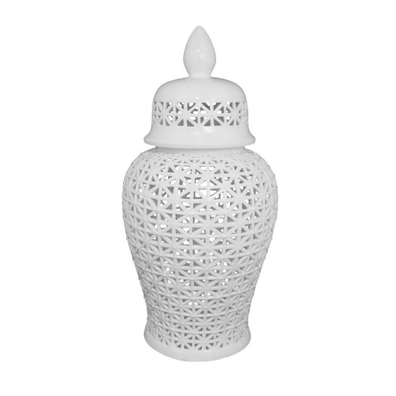 Paul 34 Inch Pierced Temple Jar with Lid, Intricate Pattern Ceramic, White - Benzara