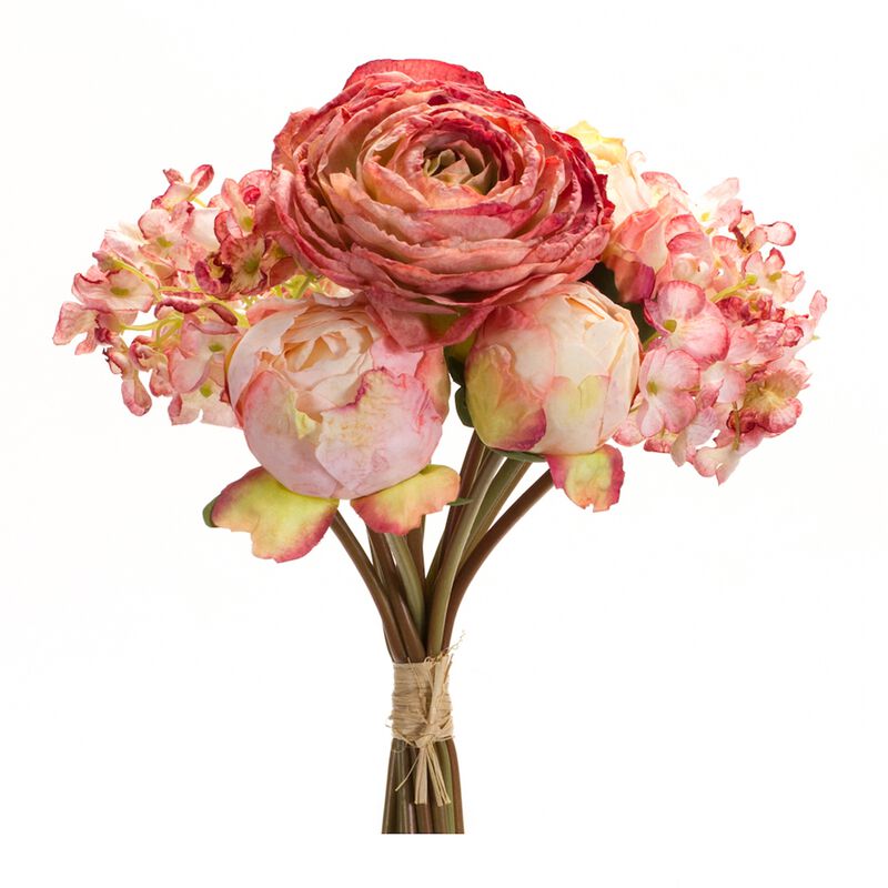 Vibrant Coral Peony and Hydrangea Artificial Flower Bouquet for Home Décor (Set of 6)