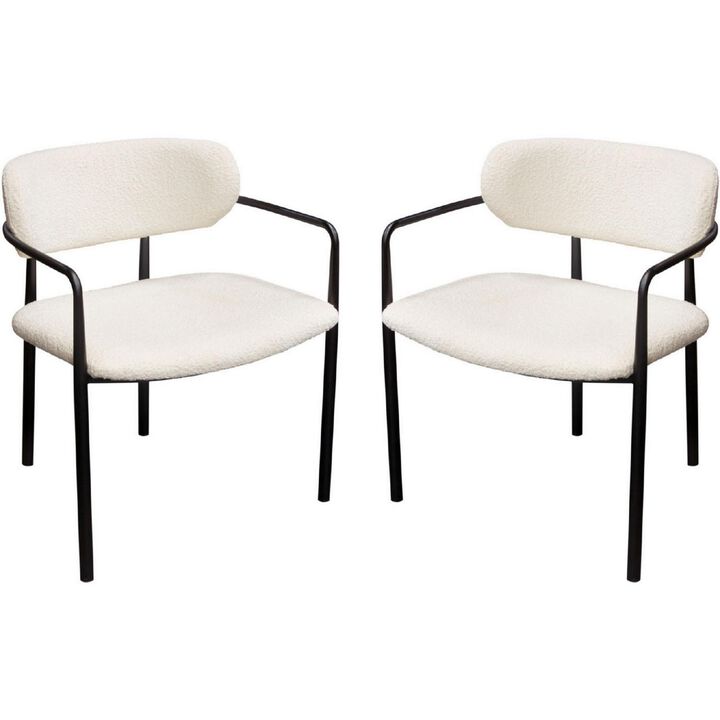 Oke 26 Inch Padded Dining Chair, Set of 2, Black, Ivory Boucle Upholstery - Benzara