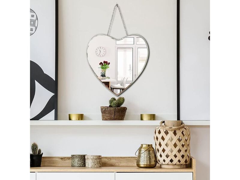 Heart Shaped Wall Mirror 20x12 Inch Frameless Glass Decorative Mirror with Chain image number 1