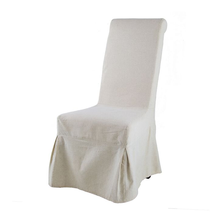 25 Inch Side Dining Chair, Skirted Parsons Style, White Fabric Slipcover - Benzara