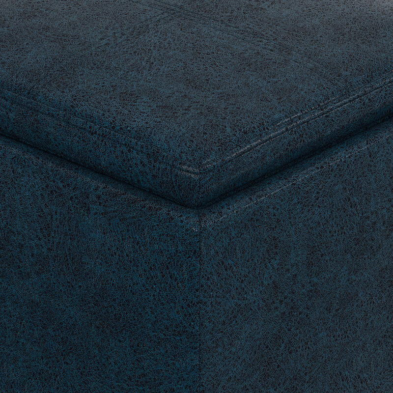Rockwood 17 inch Wide Contemporary Square Cube Storage Ottoman with Tray in Distressed Dark Blue Vegan Faux Leather, Assembled image number 6