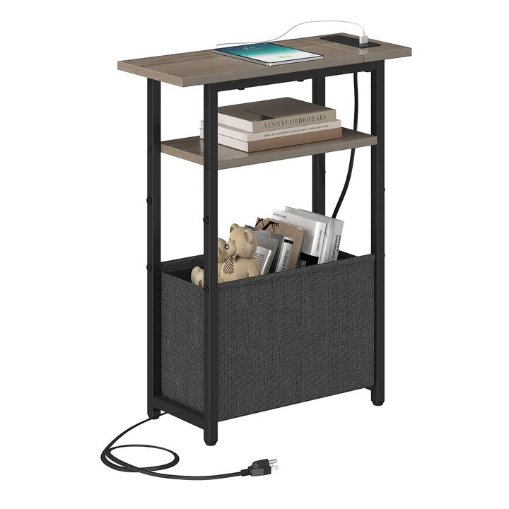 sthmec Narrow Side Table with Charging Station, Small End Table for Small Spaces, Skinny Nightstands with Storage Basket, 3 Tier