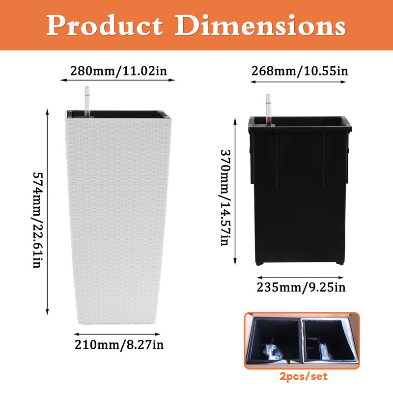 WOW PIONEER Set of 2 Square 22-Inch High Planters with Faux Rattan Design and Automatic Watering System for Porch Patio Backyard to Simplify Plant Care image number 2