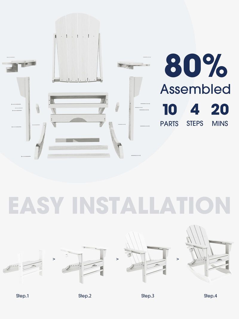 KINGYES Folding Adirondack Rocking Chair with Retractable Ottoman and Cup Holders, 4-in-1 Multifunctional HDPE Adirondack Chair