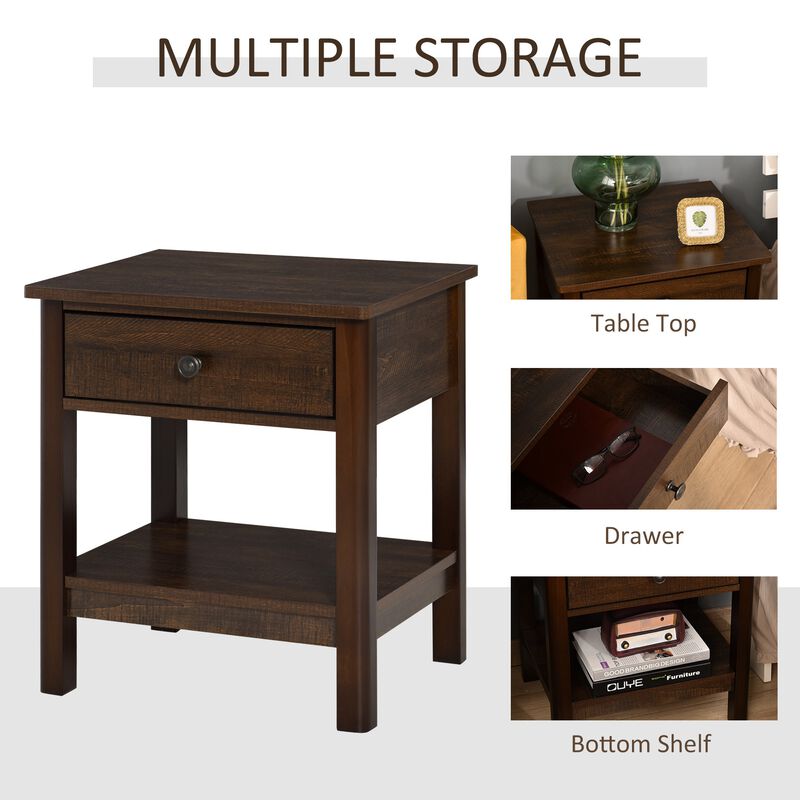 Dark Brown Nightstand: Compact Bedside Table with Drawer and Shelves