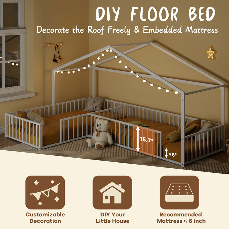 Merax Double Twin Size L-Shaped Montessori Bed, Metal Corner House Bed Frame with Fence image number 6