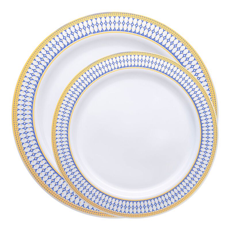 White with Blue and Gold Chord Rim Plastic Dinnerware Value Set (40 Sets) image number 0