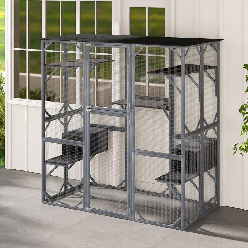 71 Inches Tall Outdoor Wooden Cat House with Weatherproof Asphalt Roof-Grey