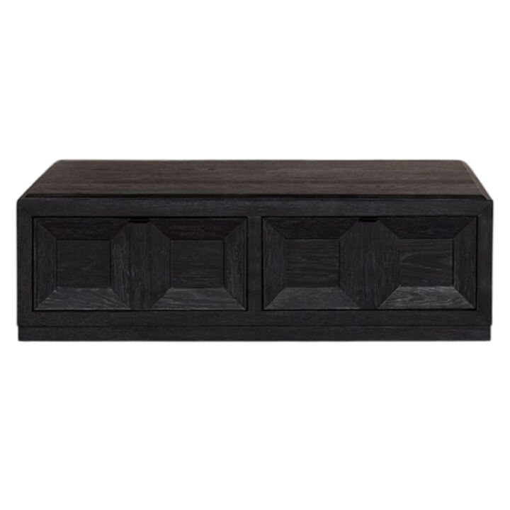 Kizie Coffee Table, Drawers, Caster Wheels, Black Rubberwood, 54 Inch - Benzara