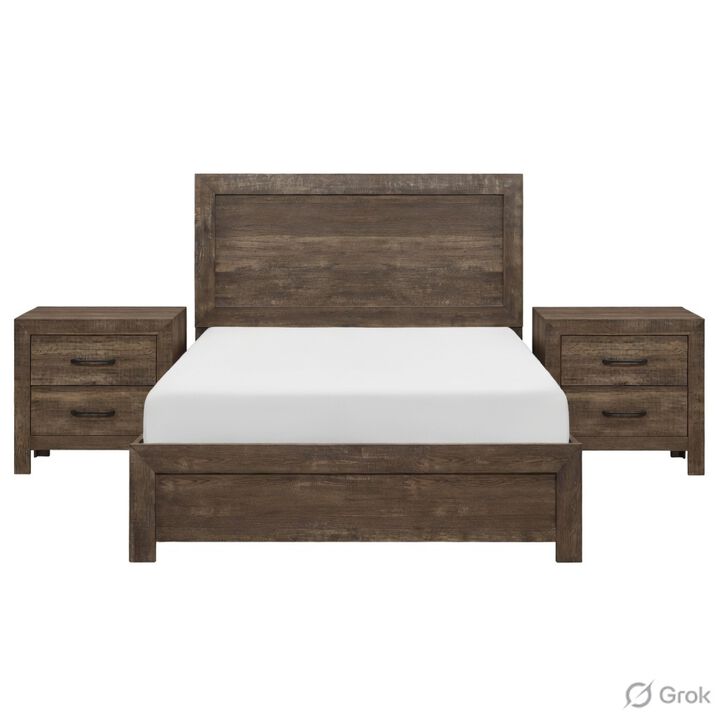 King Size Bedroom Set, Brown Finish, Panel Design, 3-Piece Set with Bed and Two Nightstands