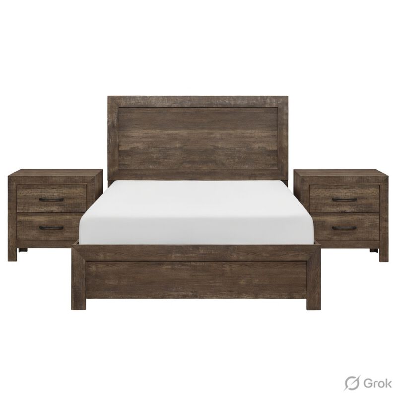 King Size Bedroom Set, Brown Finish, Panel Design, 3-Piece Set with Bed and Two Nightstands image number 0