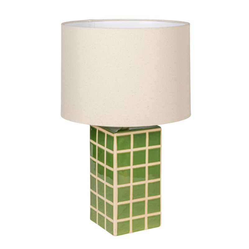 Green Grid Stoneware Table Lamp with Linen Shade image number 0
