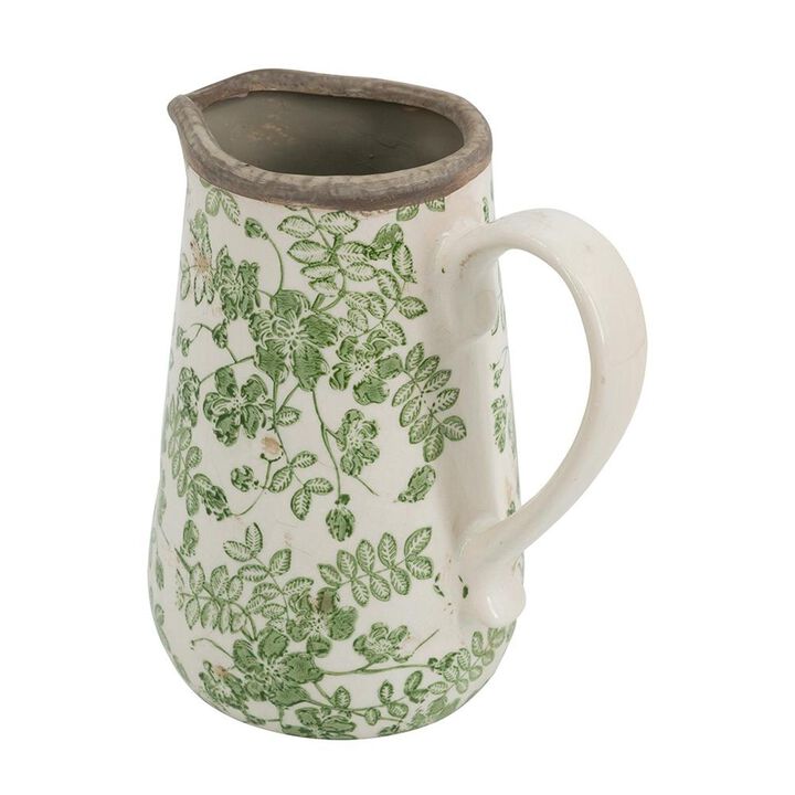HomeRoots 7" Green And White Leaf Ceramic Round Jug Vase