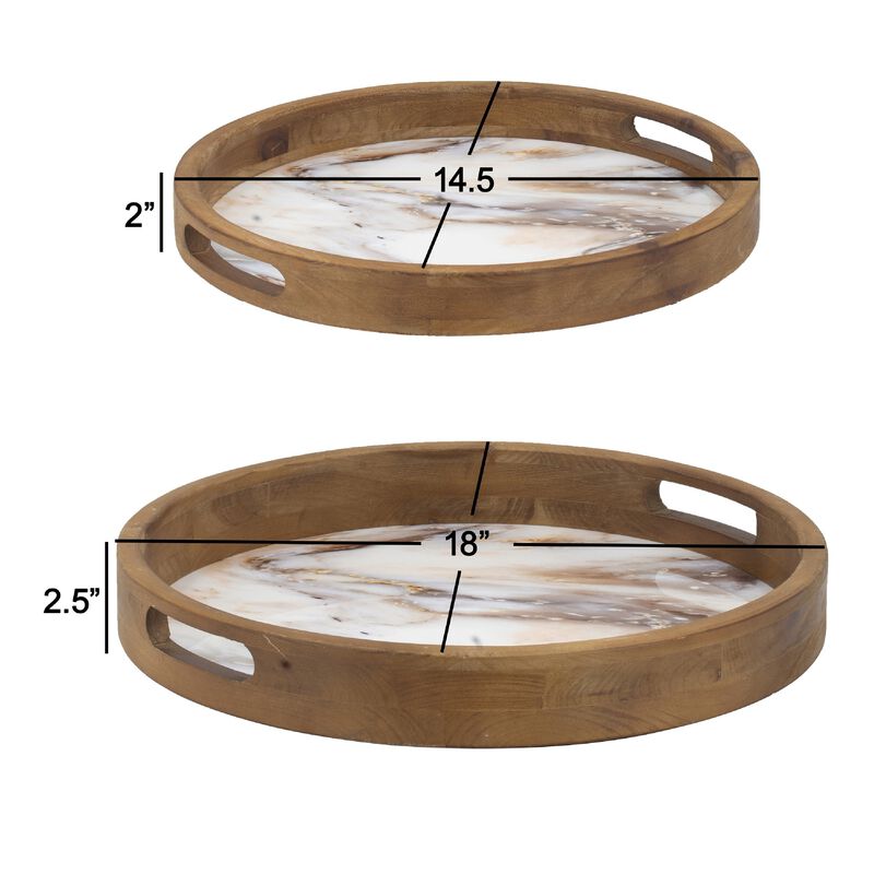 18, 15 Inch Round Decorative Tray, Marble Effect, Brown Fir Wood Frame image number 6