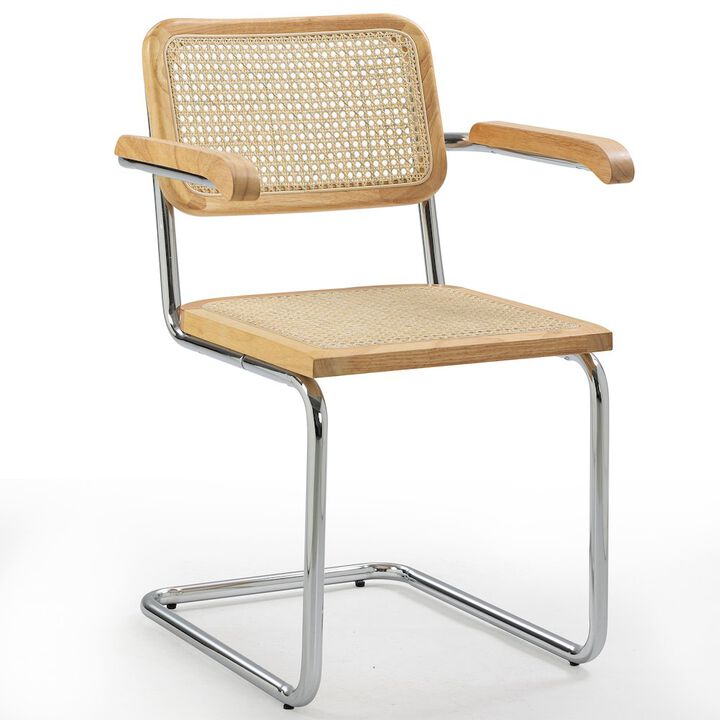 Glamour Home Set of 2 Barnard Natural Wooden Dining Chair with Rattan Back and Chrome Legs