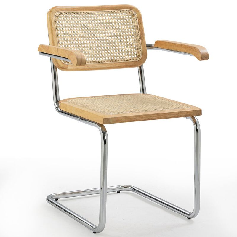 Glamour Home Set of 2 Barnard Natural Wooden Dining Chair with Rattan Back and Chrome Legs