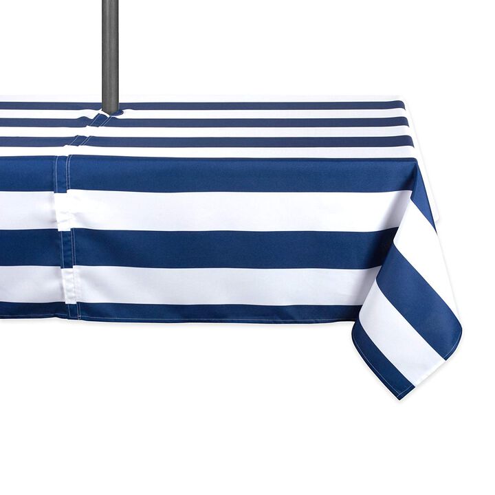 84" Blue and White Striped Rectangular Outdoor Tablecloth with Zipper
