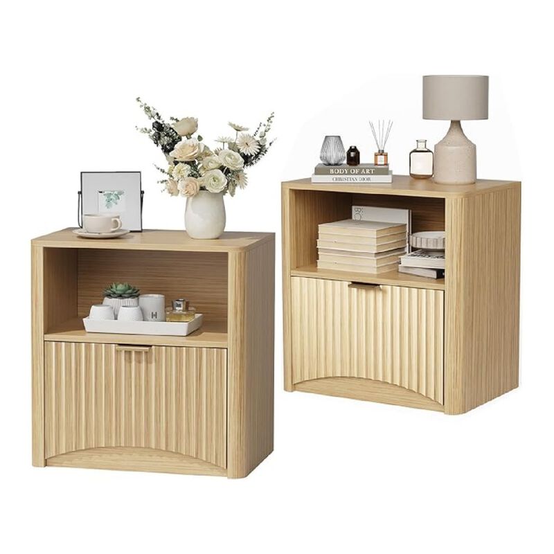 2pcs Nightstands, Fluted Nightstand with Drawer and Storage, End Table Mid Century Modern, Wooden Nightstand for Bedroom Sofa Office,Oak image number 0