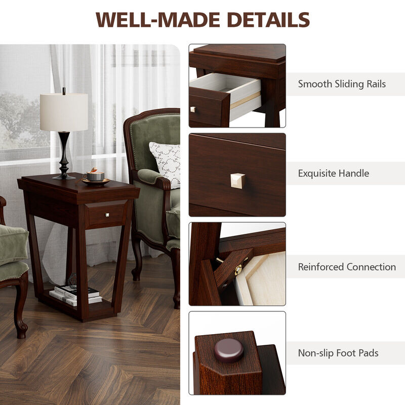 2-Tier Rubber Wood Classic End Table with Drawer and Shelf