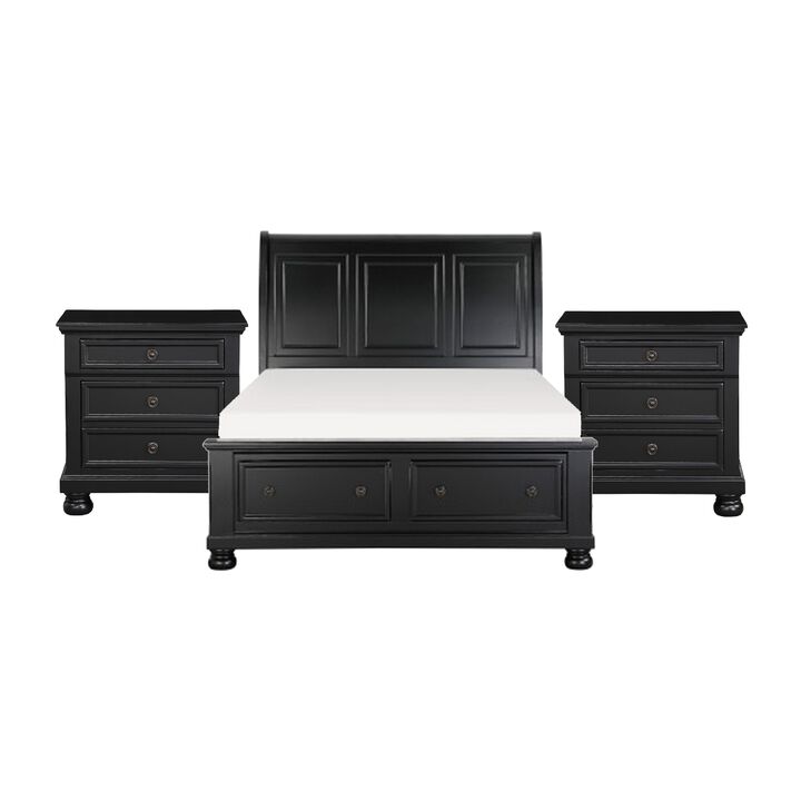 Queen Size Bedroom Set, Black Finish, Storage Bed with Drawers, 3-Piece Set with Bed and Two Nightstands
