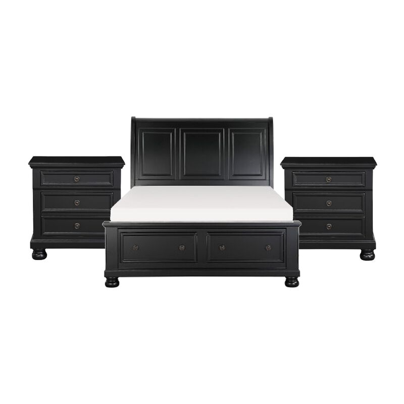 Queen Size Bedroom Set, Black Finish, Storage Bed with Drawers, 3-Piece Set with Bed and Two Nightstands image number 0
