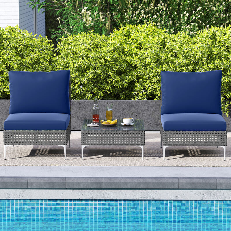3-Piece PE Rattan Outdoor Conversation Chairs with Glass Coffee Table for Porch