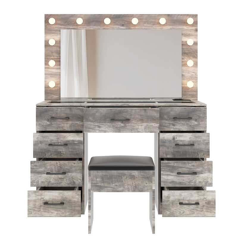 Vanity Desk Set with Large Lighted Mirror and Power Outlet &ndash; Modern Makeup Table with Storage and Charging Station