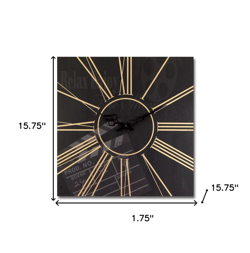 HomeRoots Set of Two Black And Gold Wood Analog Square Cinema Wall Clocks image number 3
