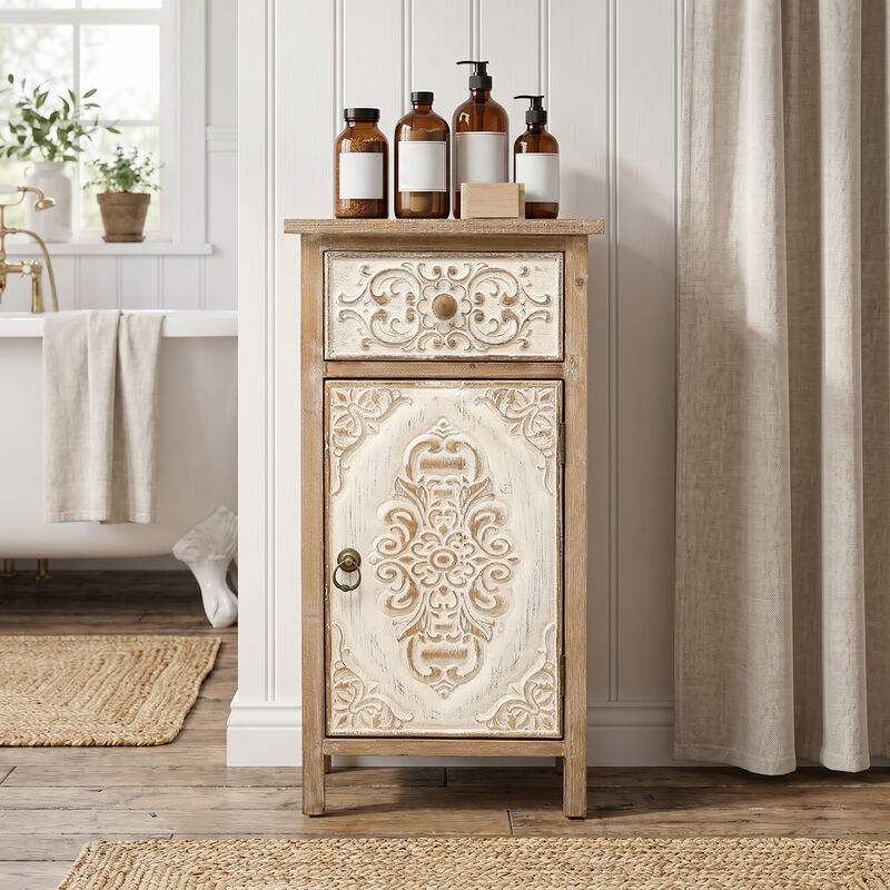 30" Carved Wood Accent Storage Cabinet, Distressed White image number 3