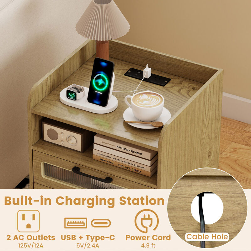 Mid-Century Nightstand with LED Lighting and Built-In Charging Station image number 5