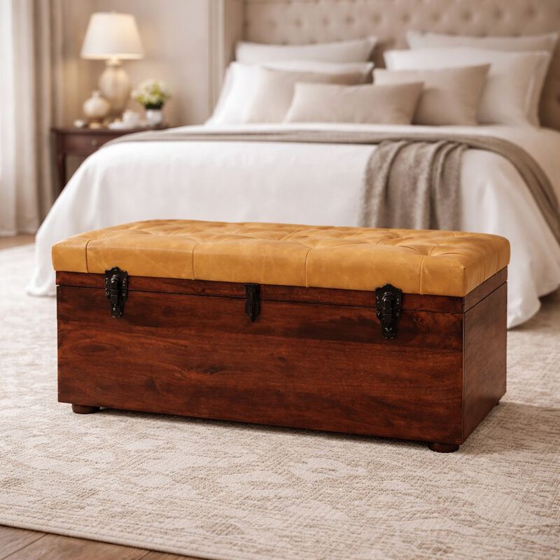 Artisan Furniture Solid Wood Walnut Storage Trunk Bench with Tan Leather,  Orange and Brown image number 1