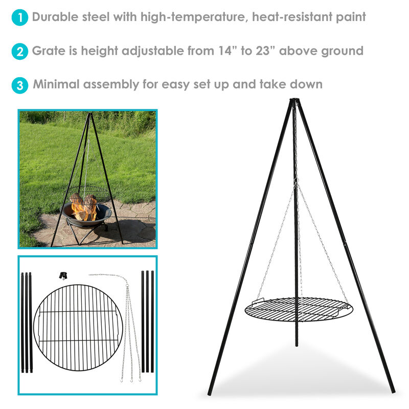 Sunnydaze Powder-Coated Steel Fire Pit Tripod Grilling Set for Cooking