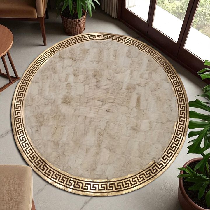 Round Tuscan Area Rug with Gold Greek Key Border, Beige Leather Carpet