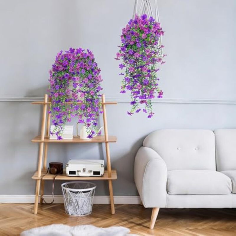 2 Piece Purple Artificial Hanging Daisy Flowers UV Resistant Outdoor Garden image number 3