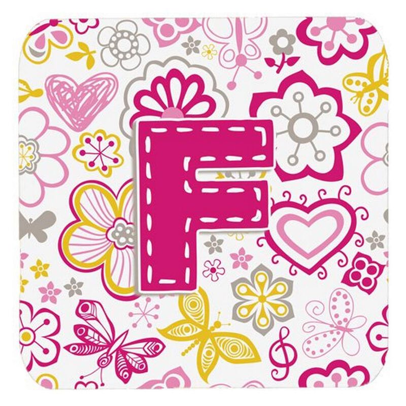 Caroline's Treasures CJ2005-FFC Letter F Flowers and Butterflies Pink Foam Coasters (Set of 4), 3.5, Multicolor