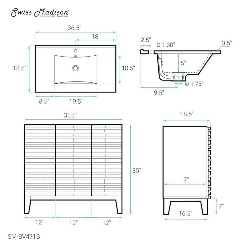 Cascade 36" Freestanding Bathroom Vanity with Sink Top image number 6