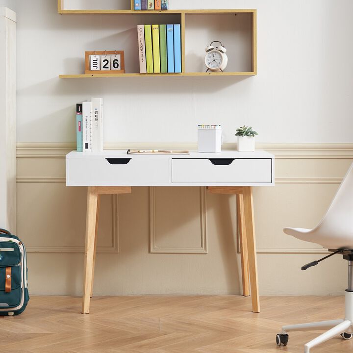 Compact Study Desk with Drawers Wooden Writing Table for Kids Bedroom-White