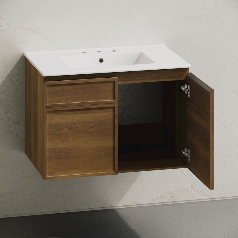 30" Wall-Mounted Bathroom Vanity in Brown Oak with 3-Hole Widespread Sink Top image number 3