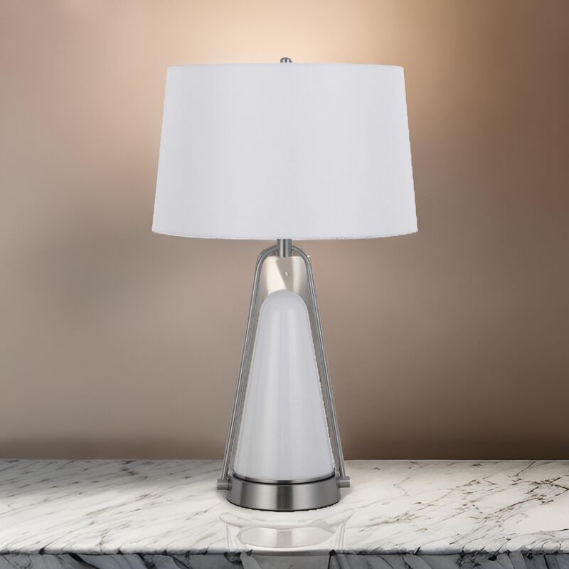 29 Inch Table Lamp, LED Lit, White Drum Hardback, Silver Metal and Glass - Benzara