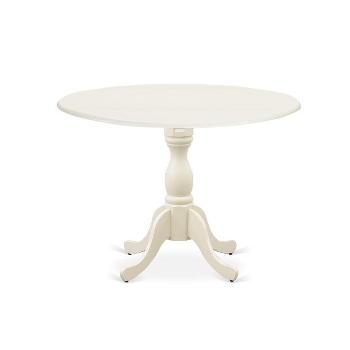 Round Wood Table Linen White Color Drops Leave Table Top Surface and Asian Wood Dining Table Pedestal Legs -Linen White Finish