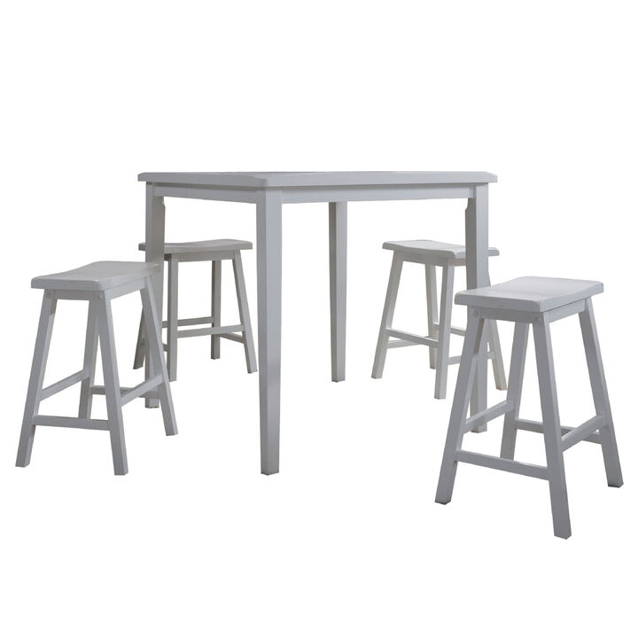 Gael 36 Inch Counter Height Square Dining Table Set, 4 Stools, Wood, White-Benzara