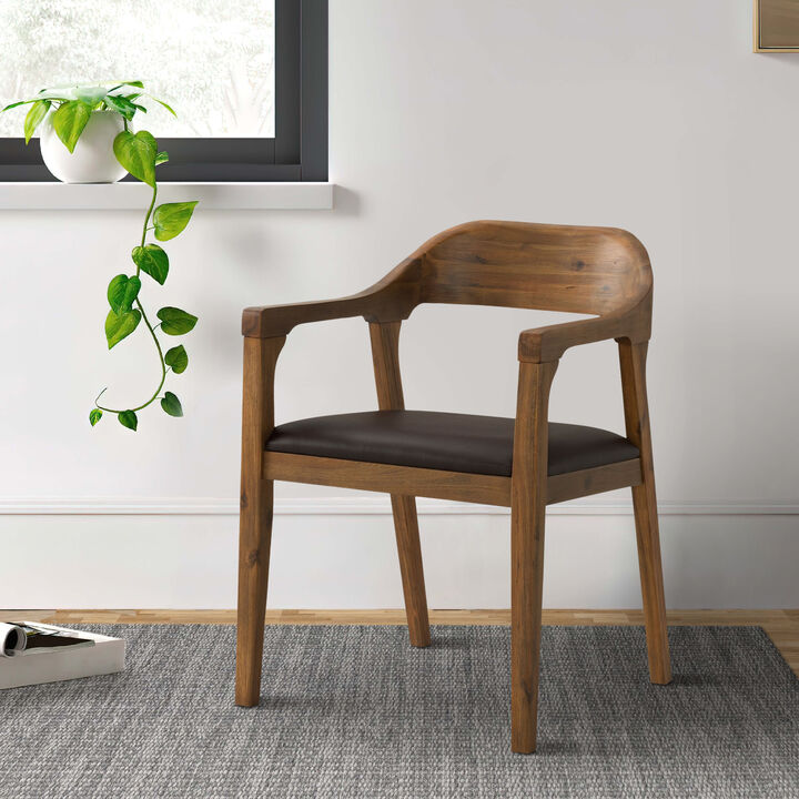 Curved Panel Back Dining Chair with Sleek Track Arms, Brown - Benzara