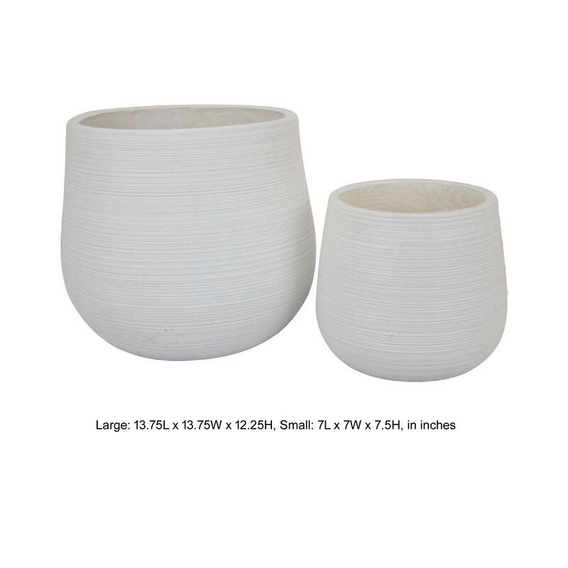 12 Inch Planter Set of 2, Smooth Curved Resin Body, Textured White Finish - Benzara